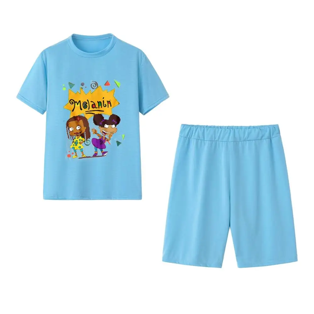 

Fitness Biker Shorts Set Lounge Set Tracksuit Women Summer Clothes Two Piece Set Cartoon Print Crop Top Jogging Femme 2020