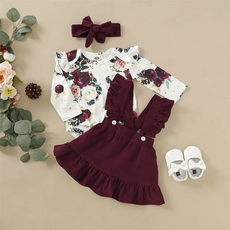 Newborn Baby Girl Clothes Set Floral Bodysuit Romper Jumpsuit Tops T Shirt Suspender Skirts Bow Headband Outfit