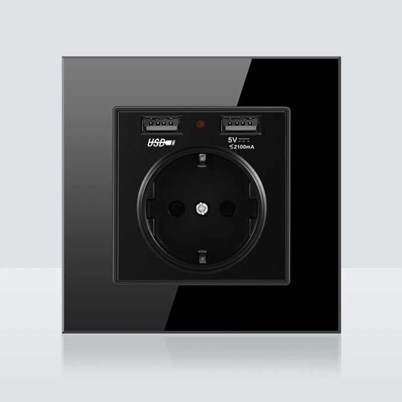 Dual USB Charging Port 16A Wall EU Russia Socket Power Outlet Glass Panel PC Black Color | Обустройство дома