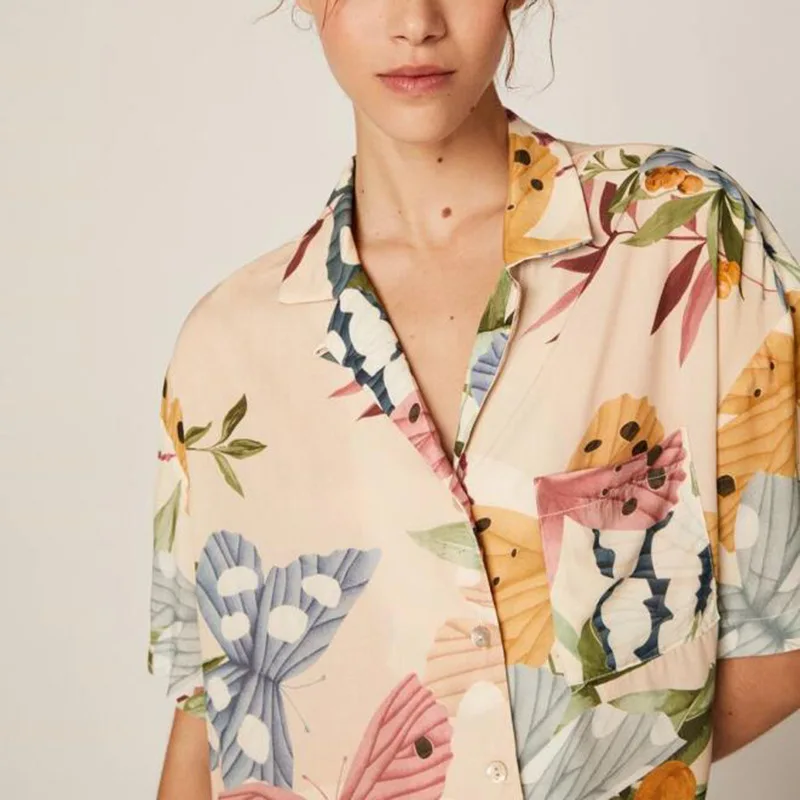 

Short-sleeved Cardigan Shirts with Shorts Pajamas Set Female Two-piece Home Clothes Printing Pajama Shorts Women Sleepwear