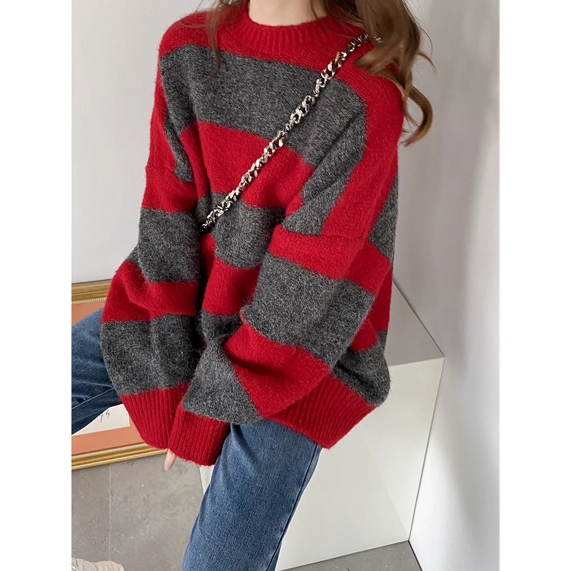 

Зимняя женская мохеровая Повседневная Длинная плюшевая рубашка оверсайз, толстый мягкий пуловер в полоску с воском и круглым вырезом, дело...