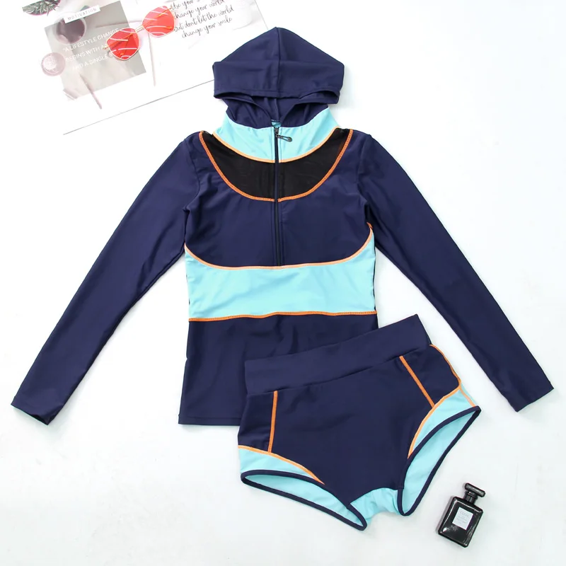

Rash Guard Women Long Sleeve Swimsuit With Hat Two Piece Swimwear Sun Protection Zipper Patchwork Rashguard
