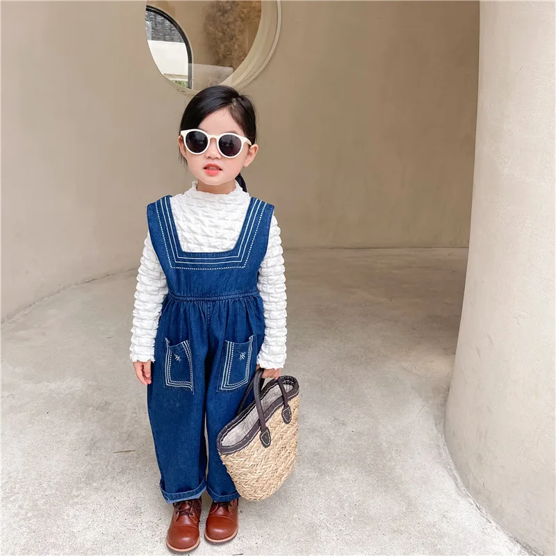 Children's Clothing 2021 Autumn Children's Baby Embroidered Suspender Pants Children Girls Retro Wide-Leg Jeans Fashion