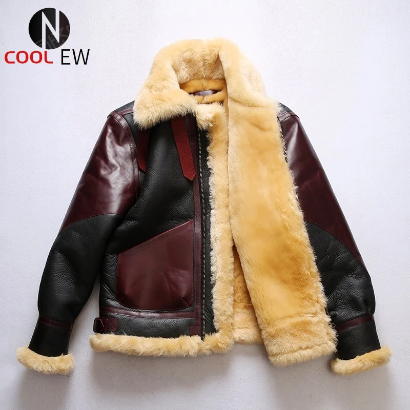 

BDB3 European US Size High Quality Super Warm Genuine Sheep Leather Coat Mens Big B3 Shearling Bomber Military Fur Jacket