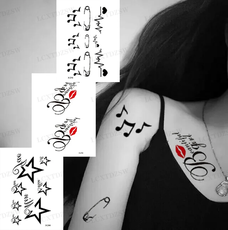 

Male And Female Temporary Waterproof Tattoo Stickers, English Letters, Musical Symbols, Pins, Stars, False Tattoos, Arm, Back