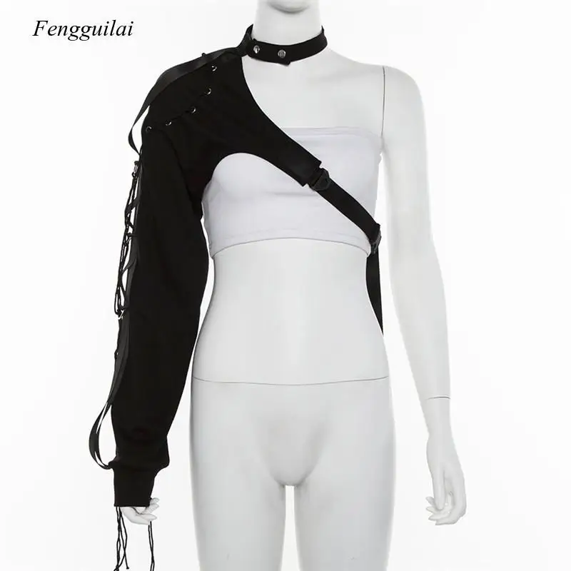 

Fashion Irregular One Shoulder Long Sleeved with a Tie-Up Women Street Wear Hip Hop Buckle Halter Tops Black