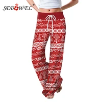 sebowel 8 colors womens drawstring wide leg pants high waist casual loose style christmas floral plaid print sweatpants s xl