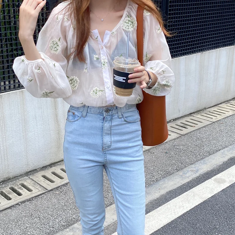 

Retro ladies sexy transparent top autumn long sleeve flower embroidery top chic and elegant thin top