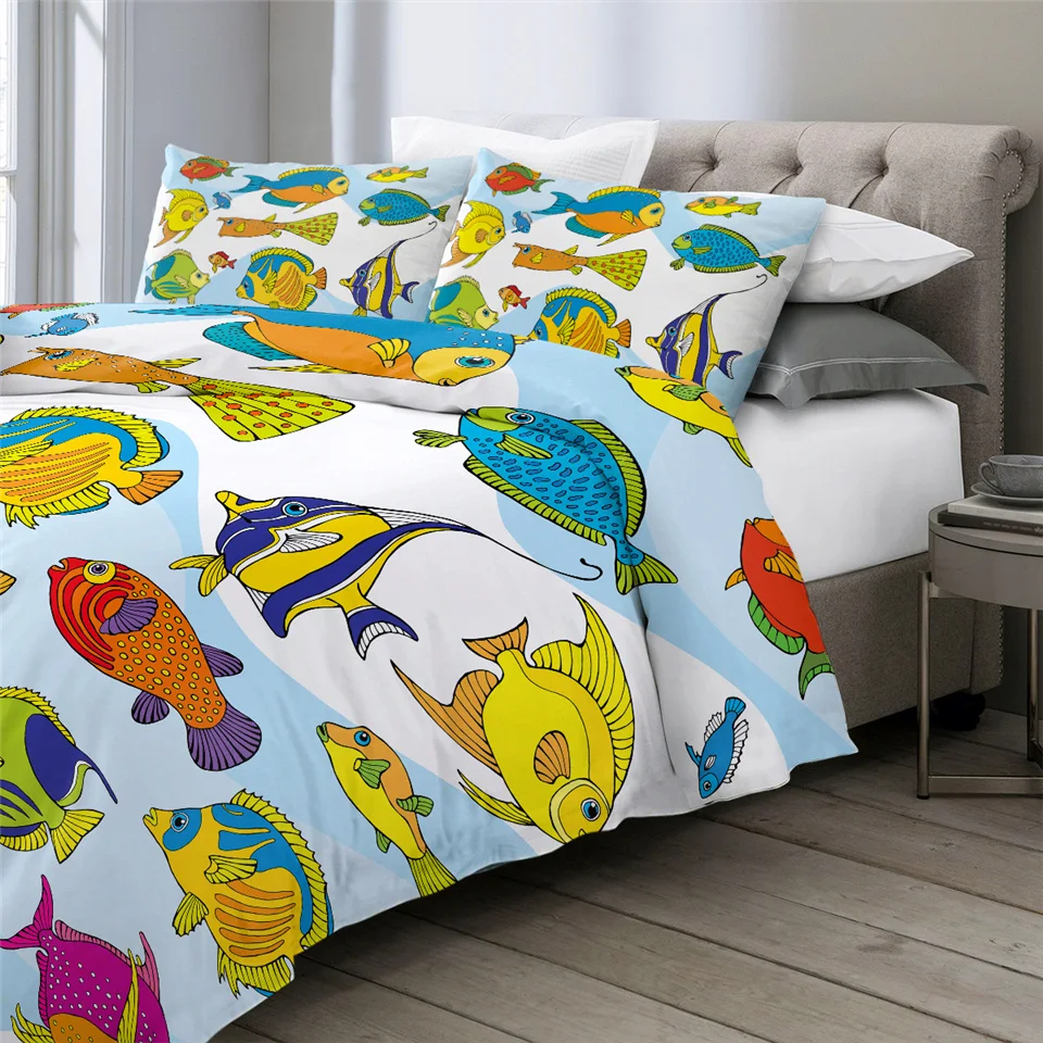 BeddingOutlet Комплект постельного белья с красочными рыбками, пододеяльник с рисунком из мультфильма "Морская жизнь", пододеяльник для детей, покрывало, набор постельного белья из 3 предметов "Королева океана"
