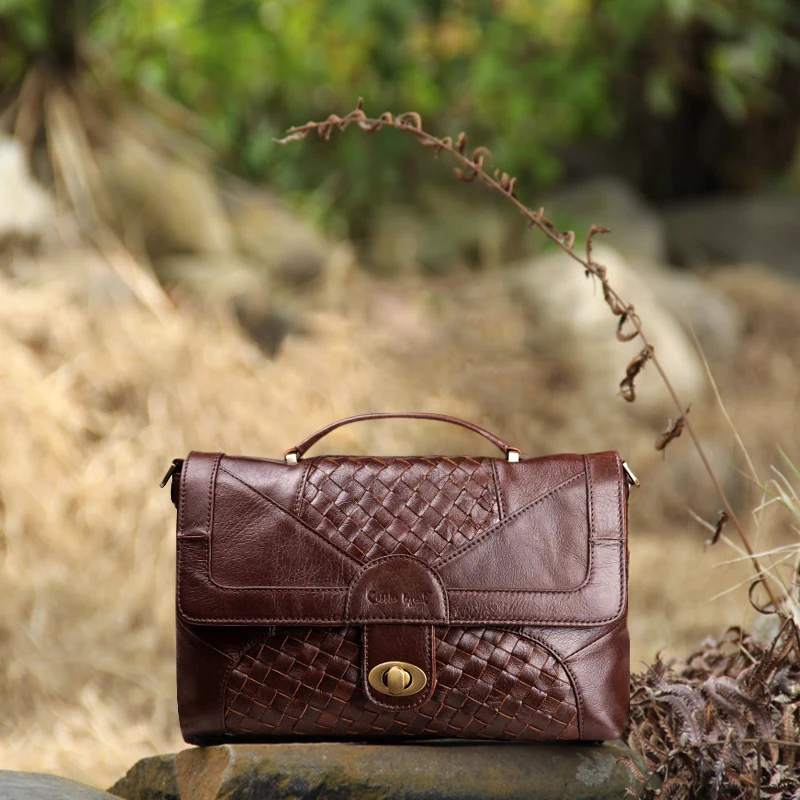 

Cobbler Legend Women Leather Handbags Knitting Satchel Vintage Genuine Leather Tote Classic Briefcase Designer Handbag Brand