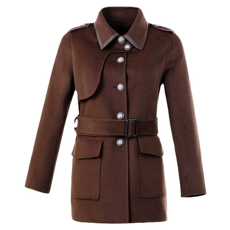 

Military Double-sided Tweed Overcoat Women's Middle Long Temperament Leather Binding Process Wool Coat Female Formal Jackets