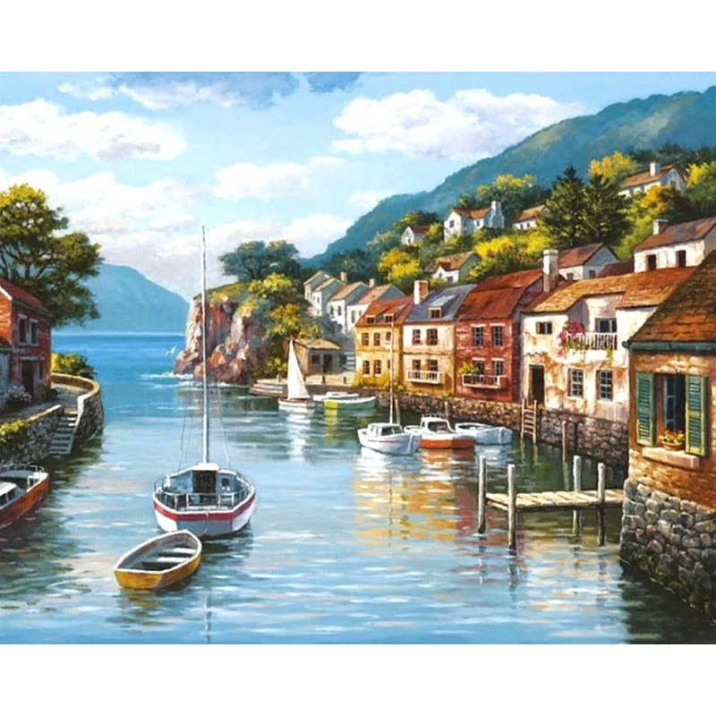 

Paint By Numbers With Frame Ship And City DIY Craft Kits For Adults Landscape On Canvas Acrylic Painting Handmade Drawing Color