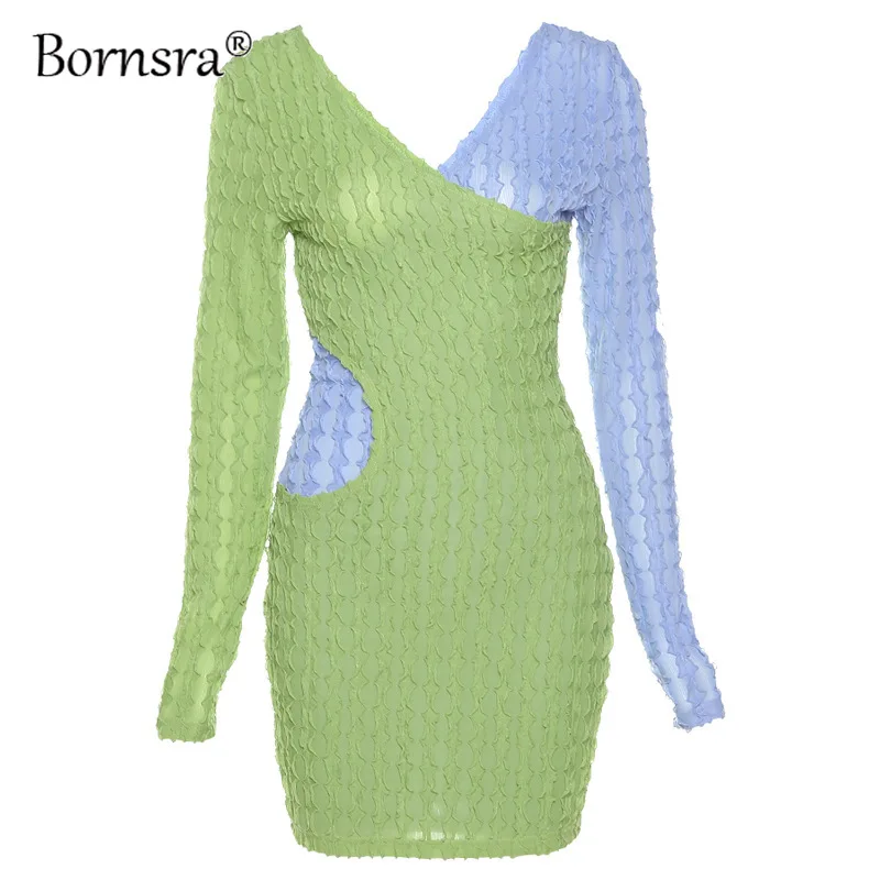 

Bornsra 2021 Autumn Women Dress Fashion Stitching Contrast Color Sexy V-neck Slim Women Dress