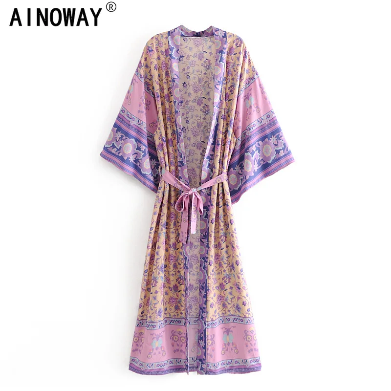 Женское винтажное богемное кимоно с цветочным принтом V-образным вырезом и