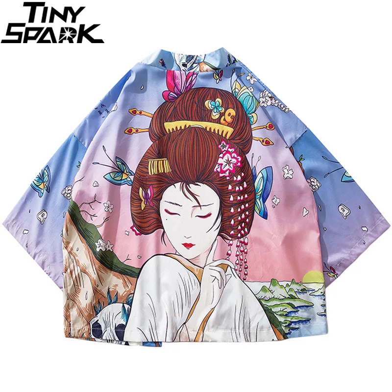 Японское кимоно куртка с принтом бабочки гейши Харадзюку хип хоп мужская уличная