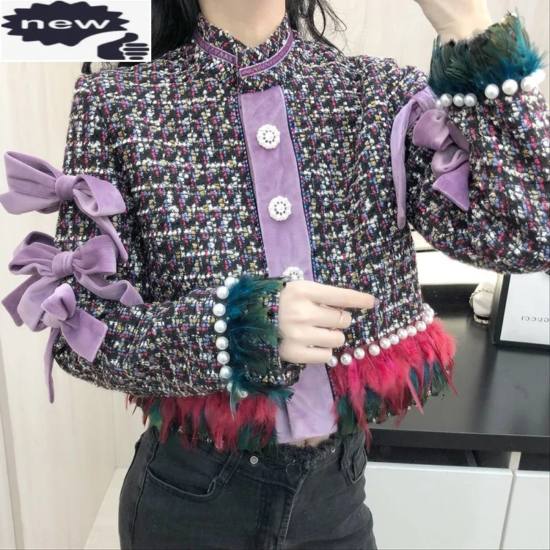 

Новинка; Модные женские низкие Цвета из твида в клетку с бантом элегантные женские вечерние пальто жемчугом кисточки с высоким, плотно облегающим шею воротником ВИНТАЖНАЯ ДЖИНСОВАЯ КУРТКА