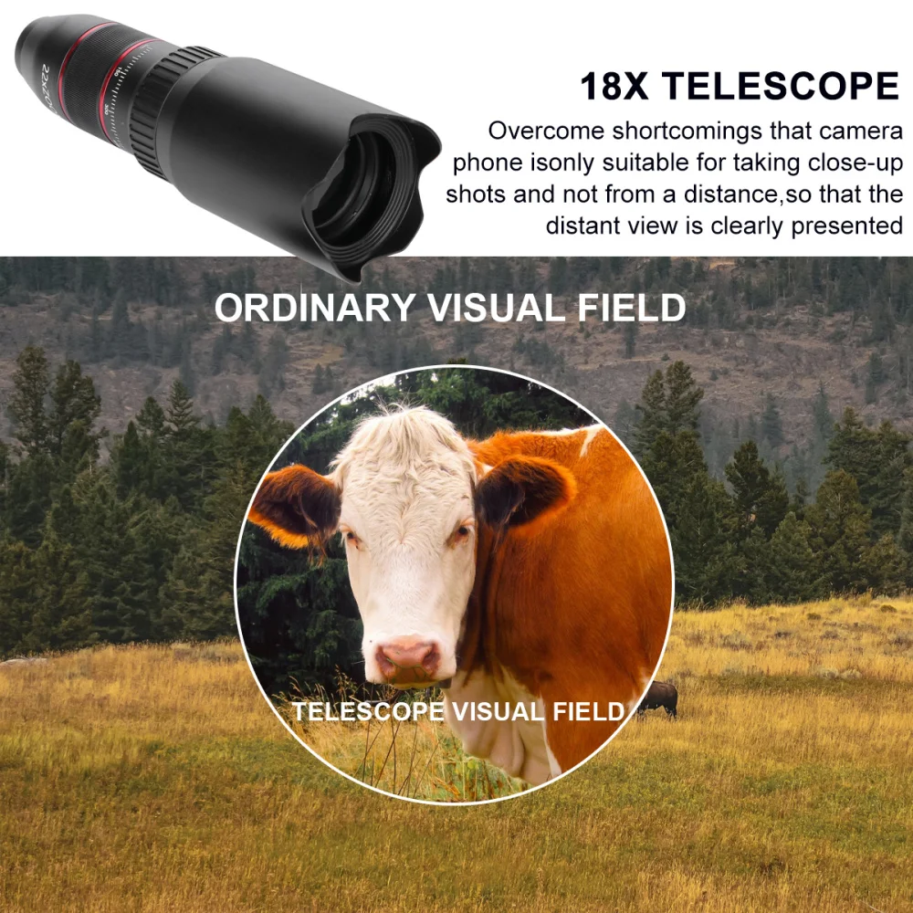 

4 In 1 Phone Camera Lens Clip Set 18X Telescopic Lens 120 Degree Wide Angle 20X Macro Lens 180 Degree Fish Eye (Black)