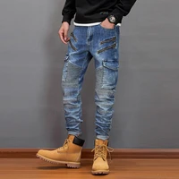 american streetwear fashion men jeans retro blue spliced designer slim fit biker jeans men hip hop big pocket denim cargo pants