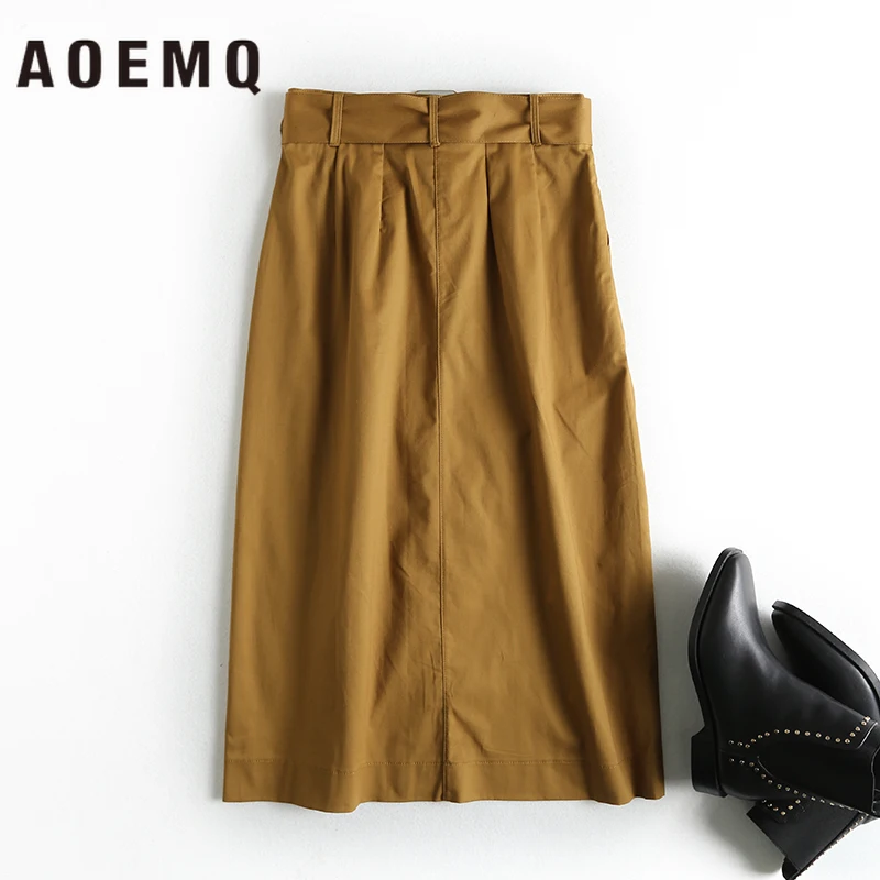 AOEMQ юбки сплошной хаки/черный цвет офисные женские юбки с ремнем Регулируемая Талия военная форма низ юбки Одежда