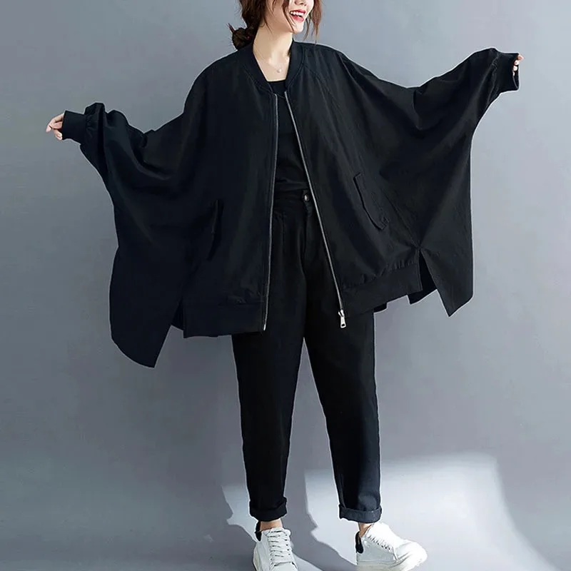 

Plus Size Autumn Bomber Jacket Women Cardigan Basic Solid Batwing Sleeve Oversize Female Windbreaker Casual Vintage Outerwear