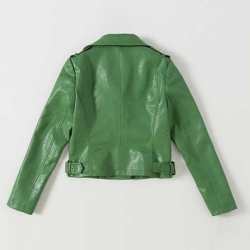 

Autumn New Women Green Slim Short Pu Leather Coat Long Sleeve Fashion Zipper Biker Motorcycle Jacket College Leather Outerwear