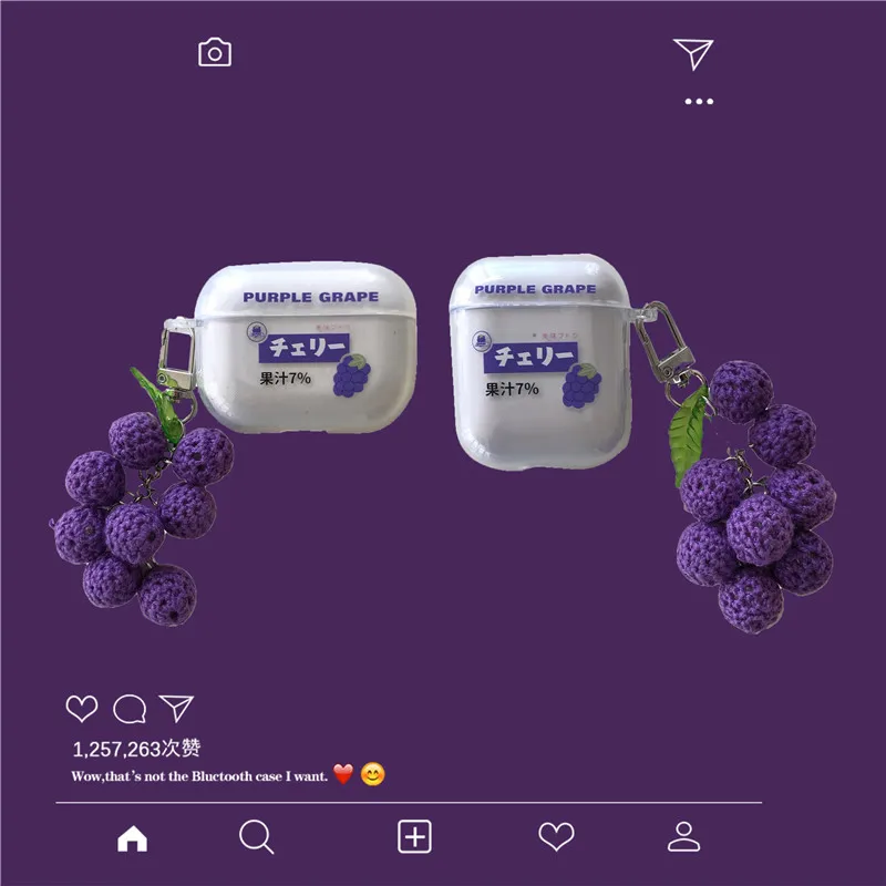 

Transparent Earphone Cases For Apple Airpods 1 2 Purple Grapes with Pendant Headphone Cover For Air Pod Pro Headset Accessories