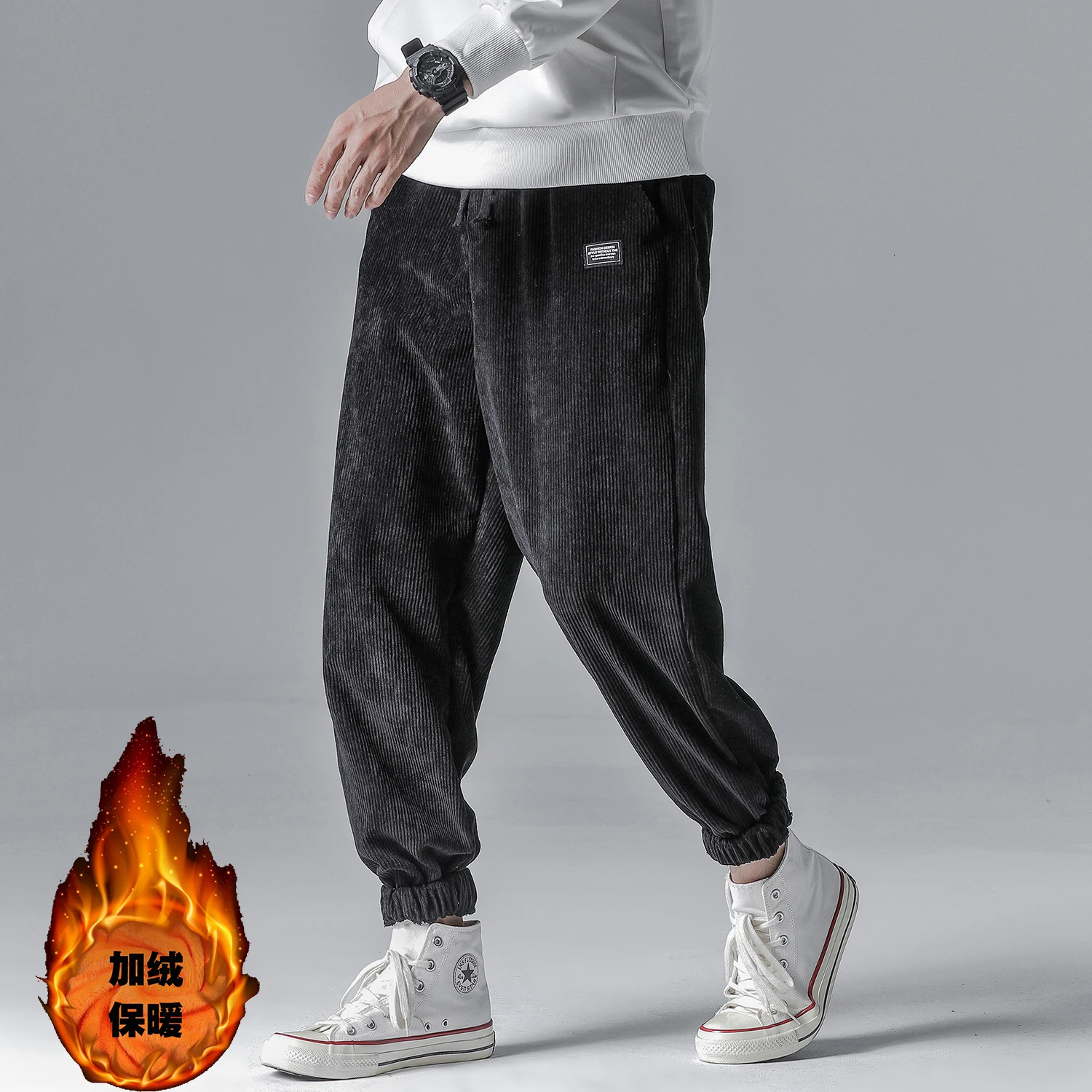 black Plus Velvet Corduroy Pants Men's Fashion Solid Color Retro Casual Pants Men Streetwear Loose Hip Hop Trousers Large Size M-5XL - Цвет: black