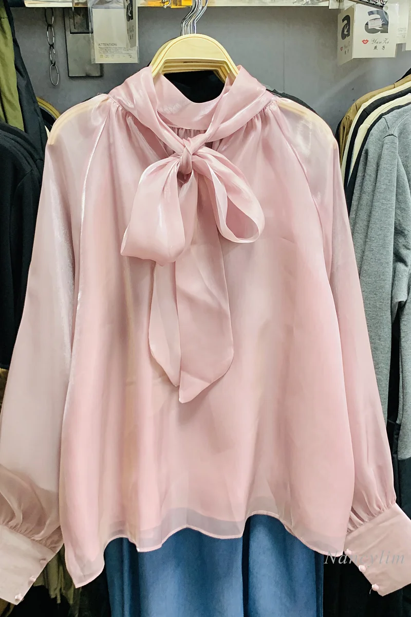 

Bow Shirt Women's 2021 Spring and Autumn Temperament Lace-up Elegant Loose Long Sleeve Blouse Lady Tops Blusas Mujer