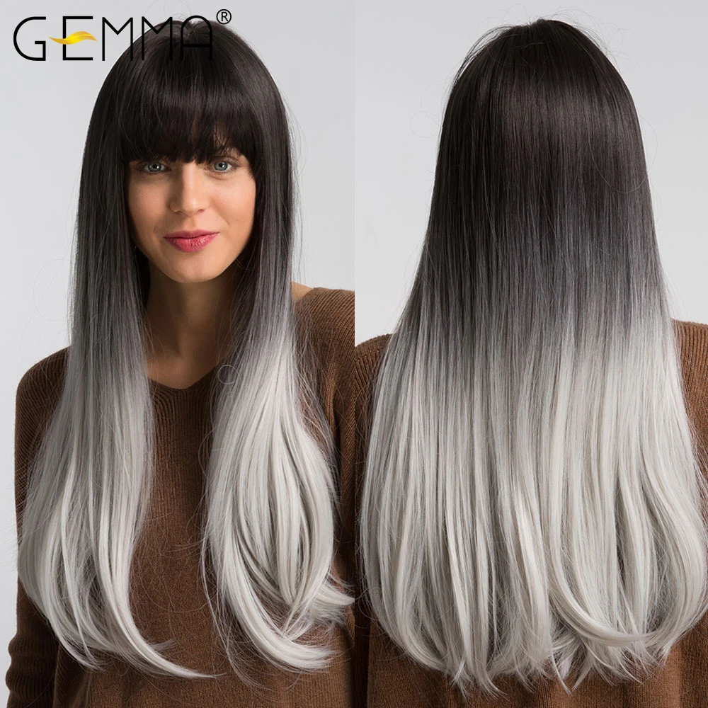 GEMMA-Peluca de cabello sintético para mujer afroamericana, cabellera larga y lisa con flequillo, color negro, gris, ceniza y blanco, resistente al calor, para Cosplay