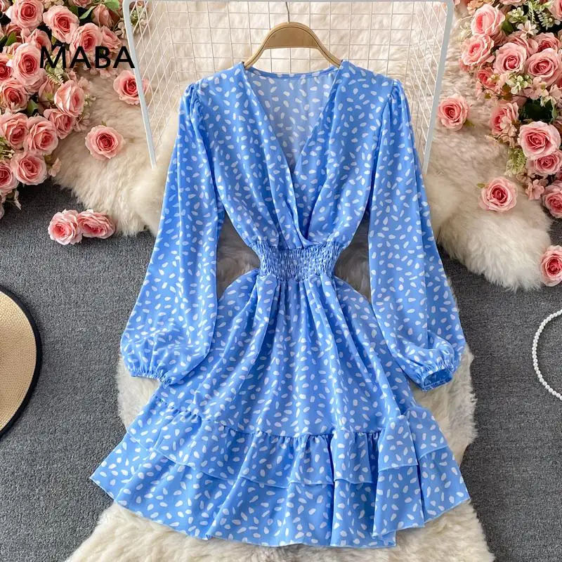 

puff sleeve dress women sexy V-Neck long sleeve collect waist print Cascading Ruffle A-line dress autumn new Mini dress 2021