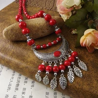 bohemia vintage ethnic leaf red stone tassel necklace for women gypsy sliver color long chain necklace for girls tibetan jewelry