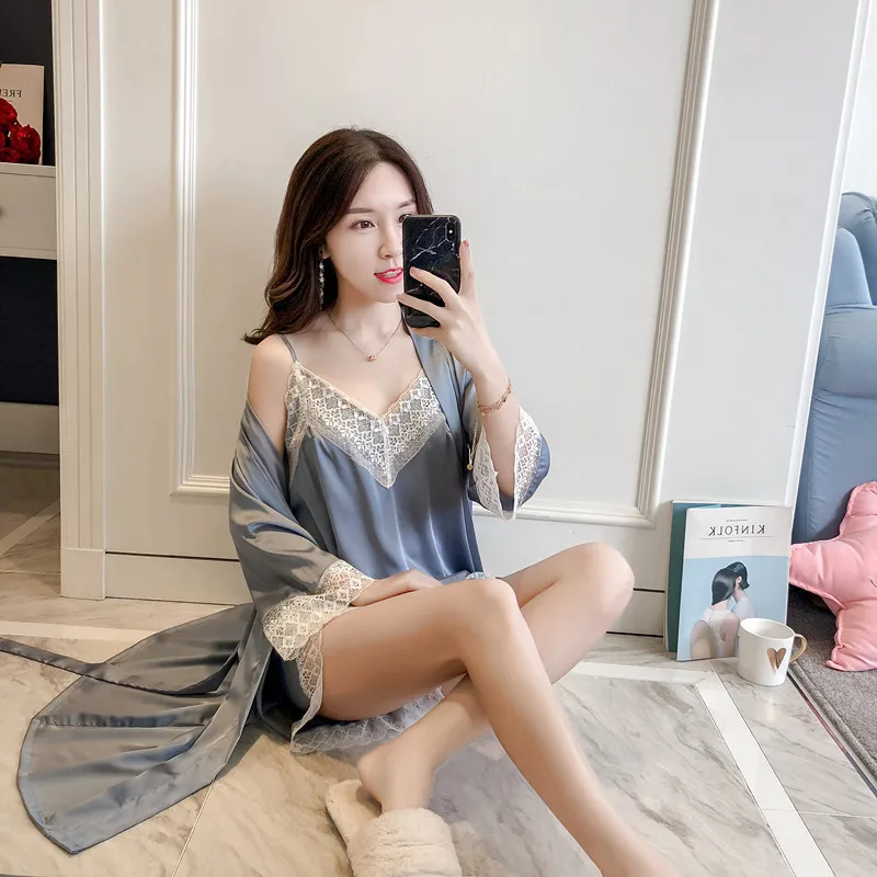 

Spring And Autumn New Ladies Silk Satin Lace Sexy Suspenders Shorts Nightgown Home Service Three-Piece Suit Intimate Lingerie