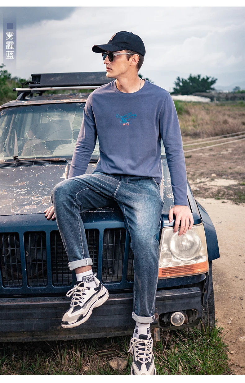 

4691 креативная футболка с длинным рукавом и надписью, Мужская Осенняя хлопковая рубашка, молодежная Повседневная футболка