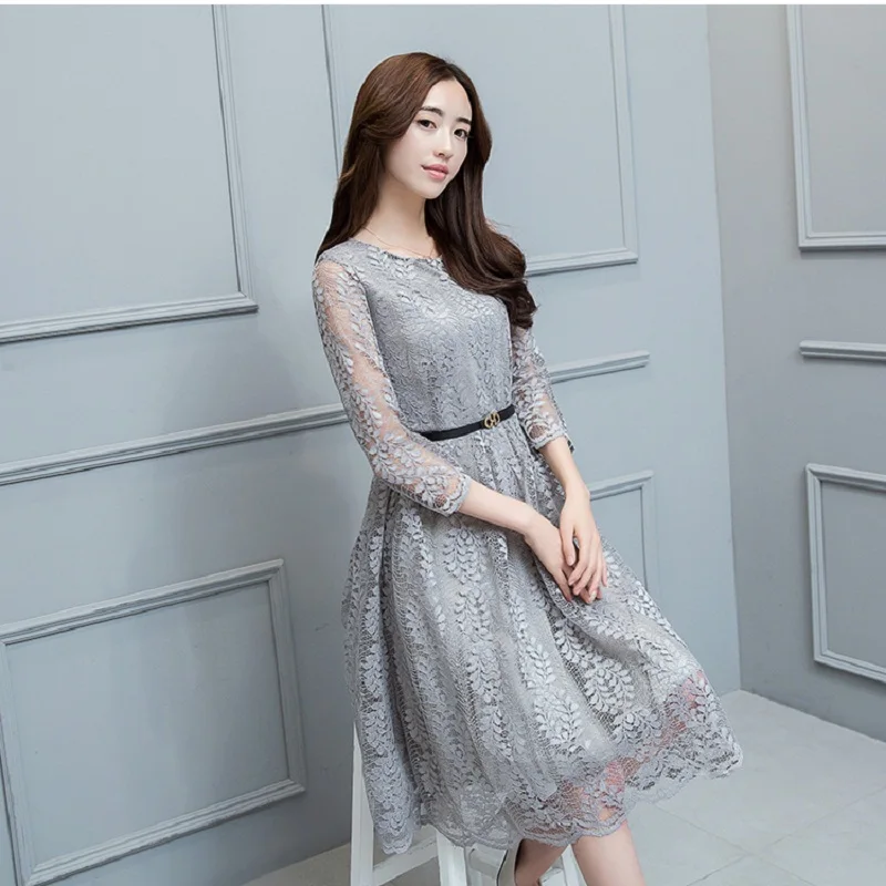 Весенне осеннее женское элегантное кружевное платье с круглым вырезом женские