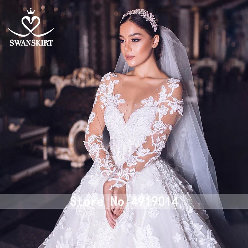 Роскошное Свадебное платье Swanskirt с аппликацией из бисера бальное платье размера плюс с длинным рукавом с цветами свадебное платье Vestido de noiva QY01