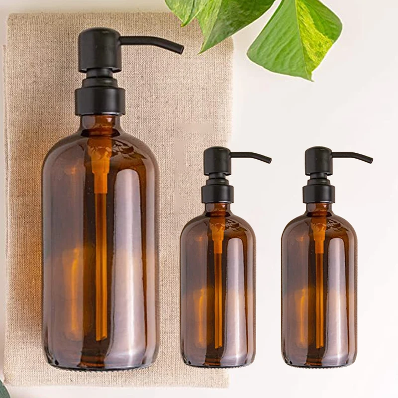 Dispensador de jab&oacute;n &aacute;mbar grueso, frasco de vidrio con etiquetas, bomba de acero inoxidable negro mate, botella de jab&oacute;n para loci&oacute;n de aceite esencial, 250/500ml-2