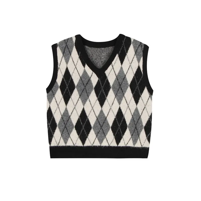 

Retro color contrast rhombic V-neck sleeveless sweater vest for women