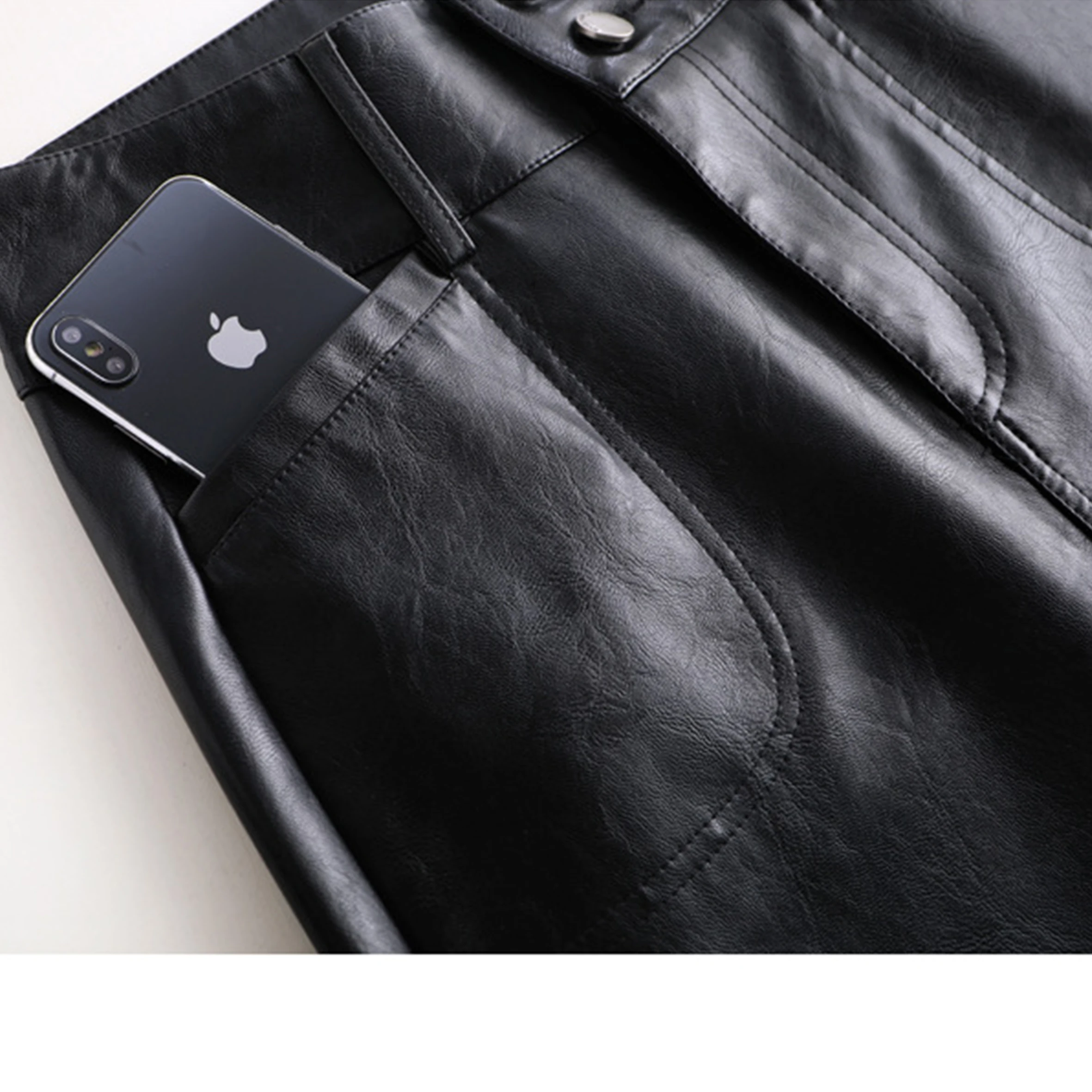 

HAOOHU 2020 winter new women's leather pants fashion streetwear black high waist slim elegant loose full Wide Leg Pants