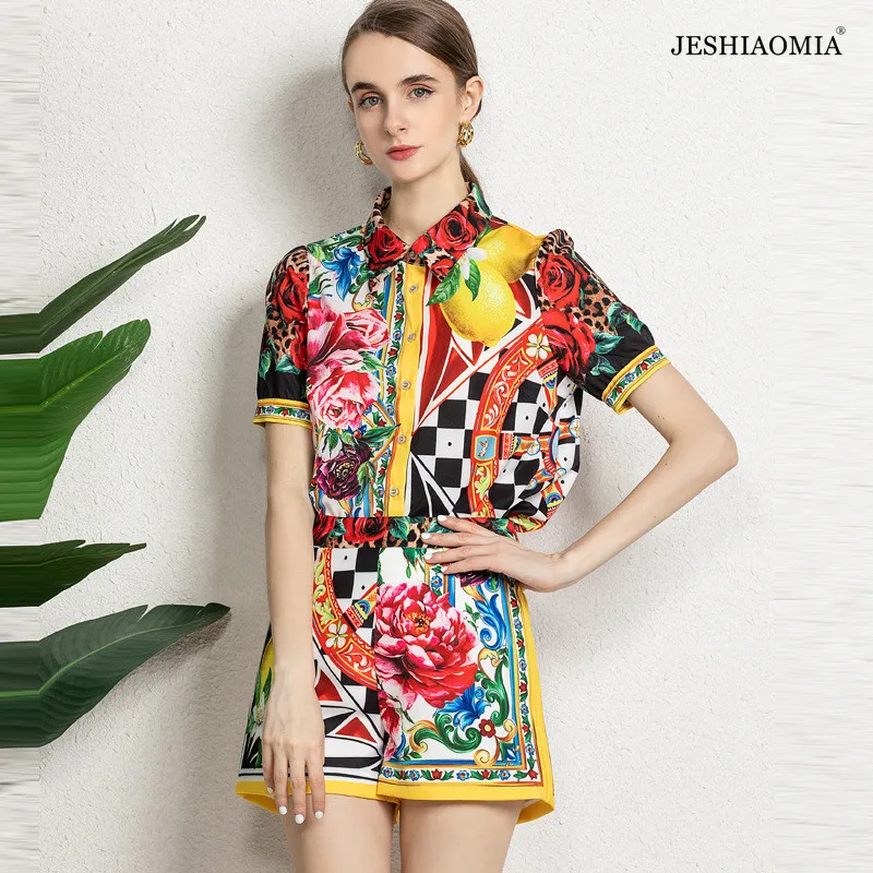 

JESHIAOMIA- 2021 Весенняя блузка с принтом и воротником-стойкой и шорты