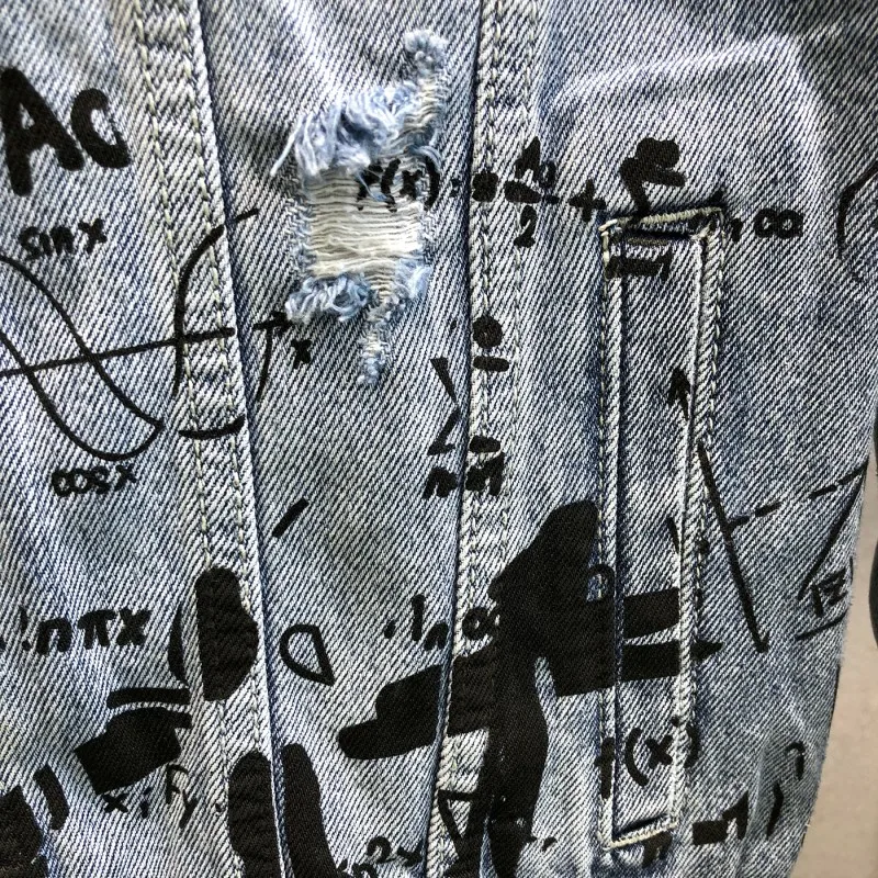

High Street Mens Graffiti Printed Denim Jacket Slim Fit Hole Ripped Jean Coat Spring Casual Streetwear Hip Hop Cowboy Jackets
