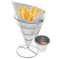stainless steel french fries fish and chips and appetizers stand cone basket fry holder with sauce cup kitchen party supplies