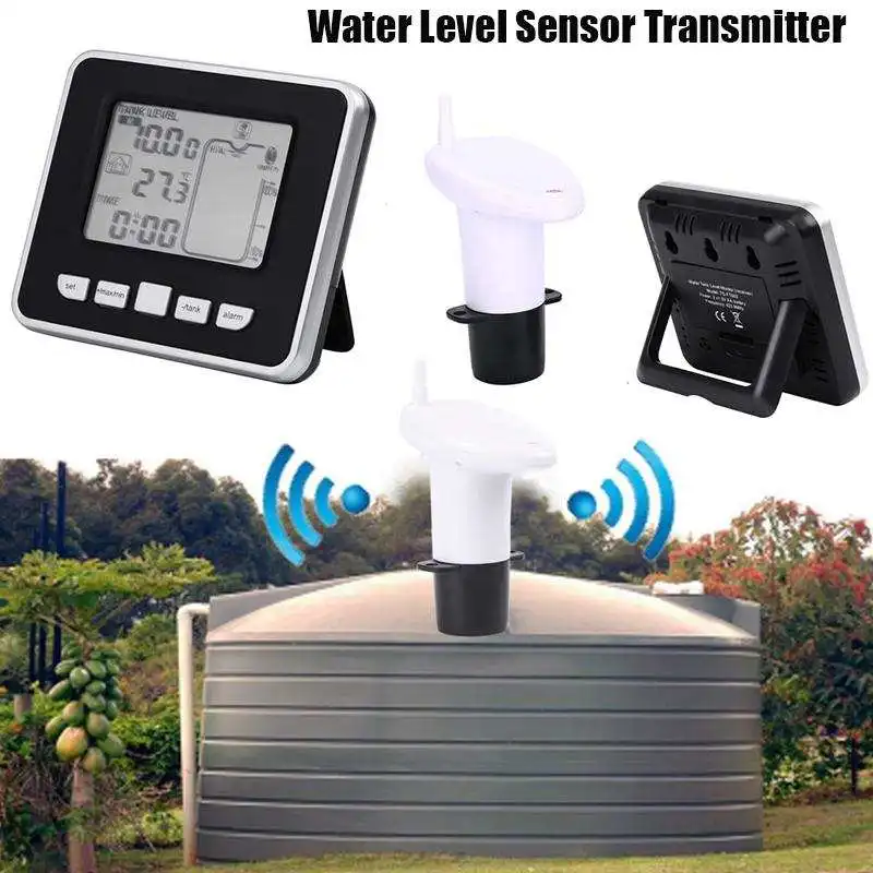 

Ultrasonic Water Tank Level Meter Temperature Sensor Low battery Liquid Depth Indicator Time Alarm Transmitter Measuring Tools