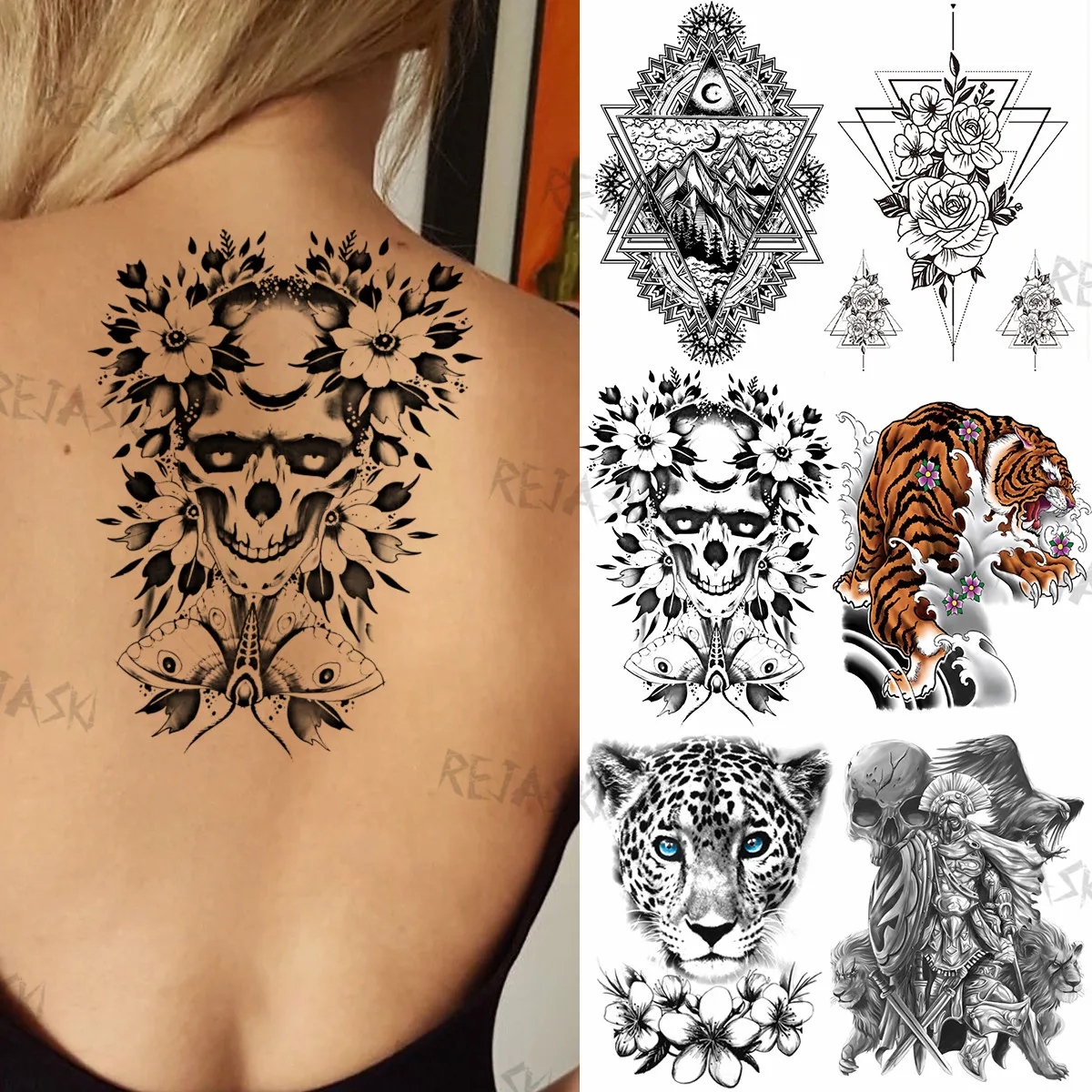

Black Skull Flower Temporary Tattoos For Women Adult Realistic Fake Geometric Tiger Samurai Fake Tatoo Back Large Tattoo Sticker