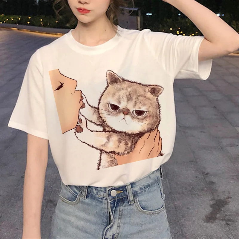 

Summer female T-shirt cartoon cat printing casual Harajuku female T-shirt round neck short-sleeved clothes top female T-shirt