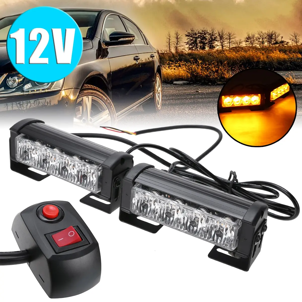 1 Pair 12V 4W Car Truck Emergency Warning Hazard LED Yellow Strobe Grill Light Bar Amber Emergency Signal Flash Lights