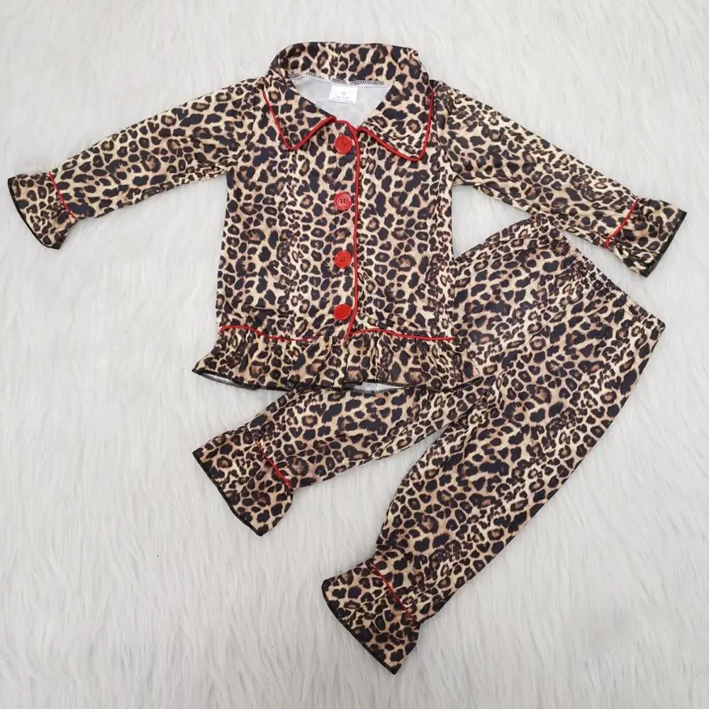 

2019New Arrival PJS Sleep Wear Hot Sale Baby Girls Clothes Cheetah Fabric With Red Buttons Top+Pants Set No MOQ RTS