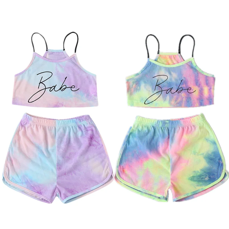 Спортивный костюм для девочек топ без рукавов и короткие штаны Радужный градиент
