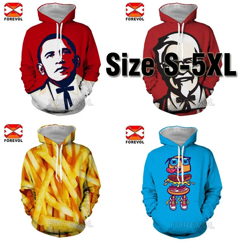 

Худи с изображением еды картошки фри гамбургера 3D-печать Обама-KF пальто куртка панк Свитшот/рубашки/Брюки Топы Мужская женская уличная одеж...