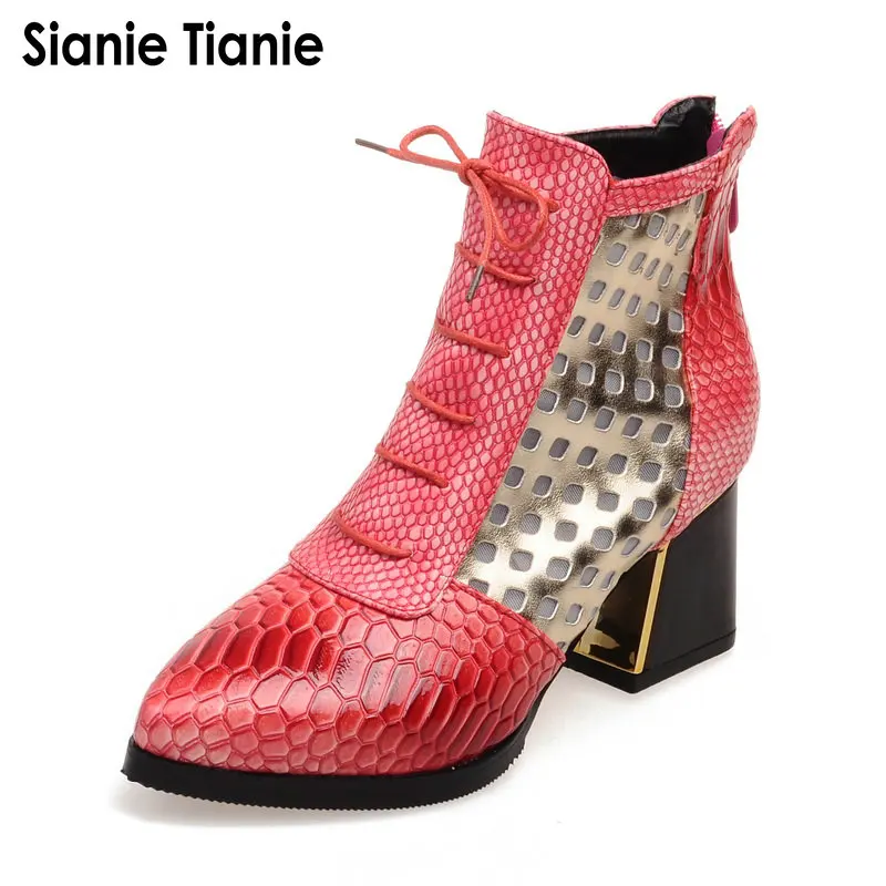 

Sianie Tianie/ботильоны со змеиным принтом и перекрестными ремешками; Короткие ботинки на высоком каблуке; Осенние ботинки с острым носком; Зимня...