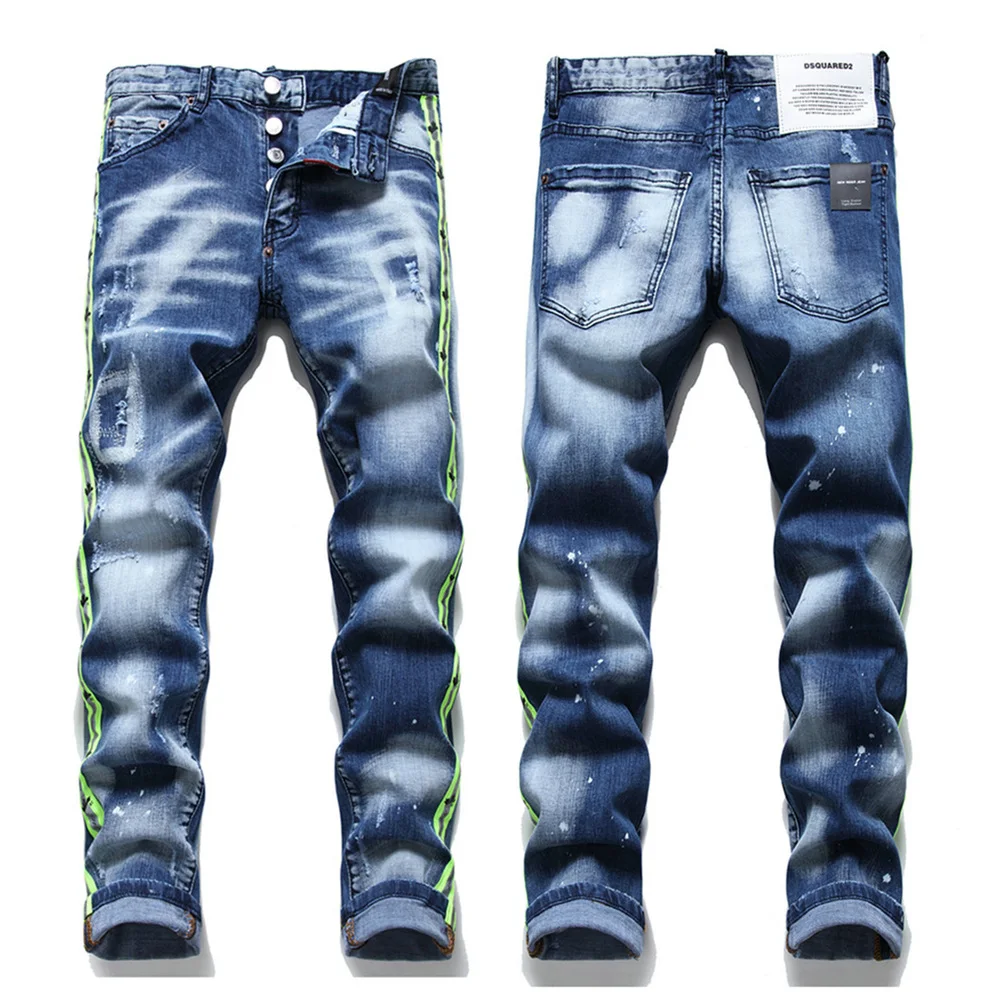 

Джинсы мужские стрейчевые, облегающие брюки из денима, с синими кленовыми листьями, цвет белый/зеленый